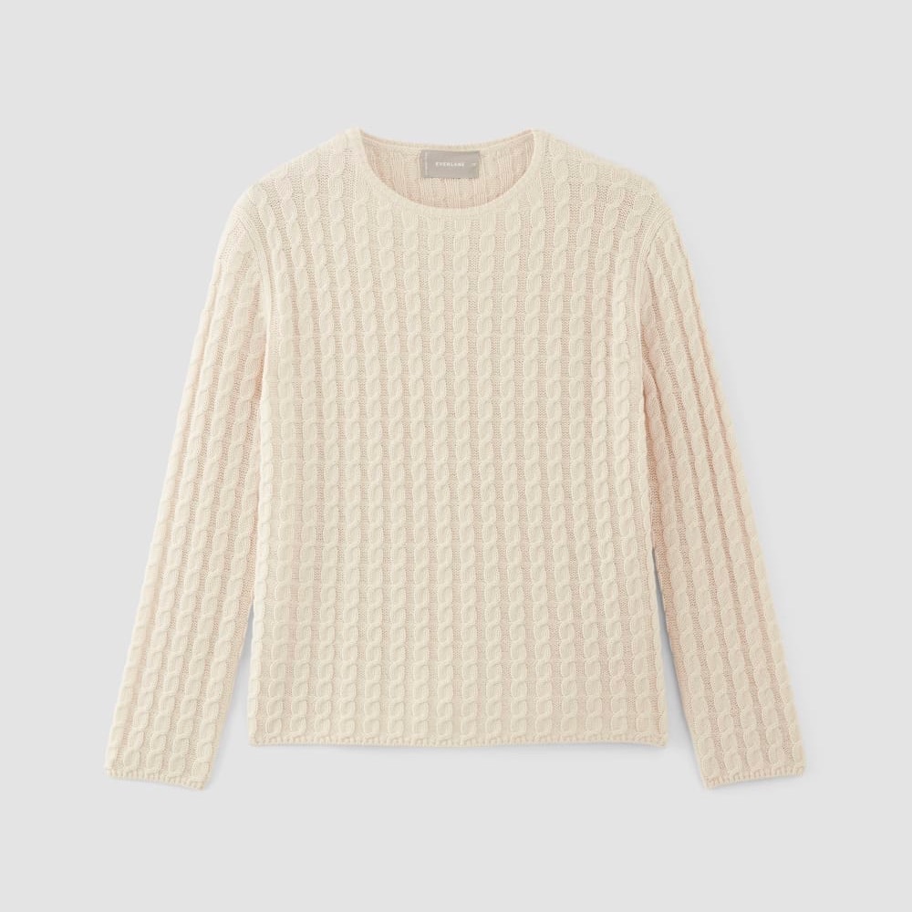 Everlane Cotton-Merino Wool Cable Crew Knit Sweater Off White Cream Ivory Small